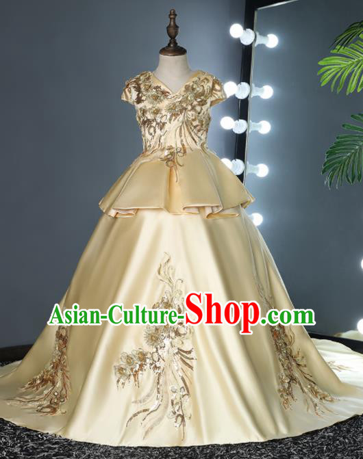 Top Grade Children Day Dance Performance Light Golden Full Dress Kindergarten Girl Stage Show Costume for Kids