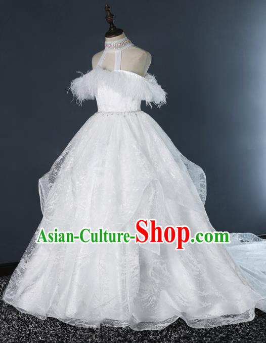 Top Grade Children Day Dance Performance White Lace Full Dress Kindergarten Girl Stage Show Wedding Costume for Kids