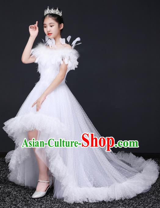 Top Grade Children Day Dance Performance White Feather Veil Full Dress Kindergarten Girl Stage Show Wedding Costume for Kids