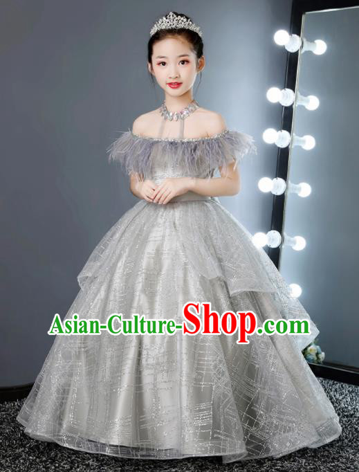 Top Grade Children Day Dance Performance Grey Full Dress Kindergarten Girl Stage Show Costume for Kids