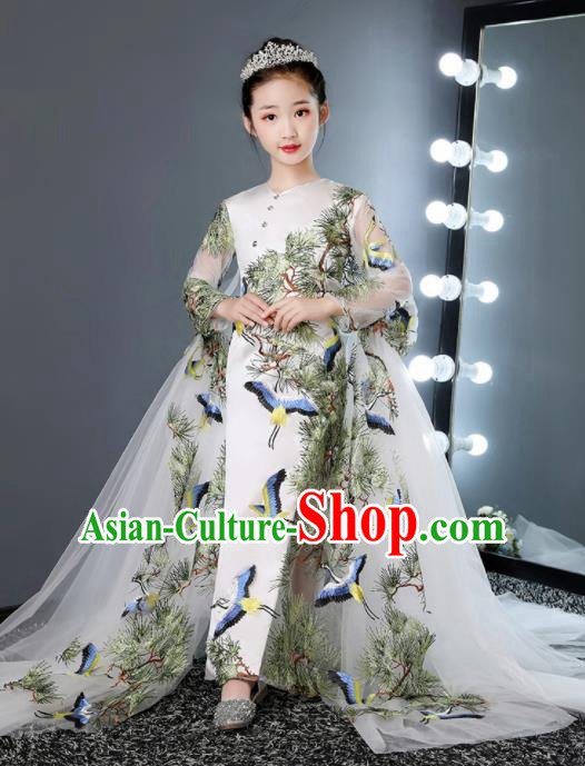 Top Grade Children Day Dance Performance Printing Crane Pine White Dress Kindergarten Girl Stage Show Costume for Kids