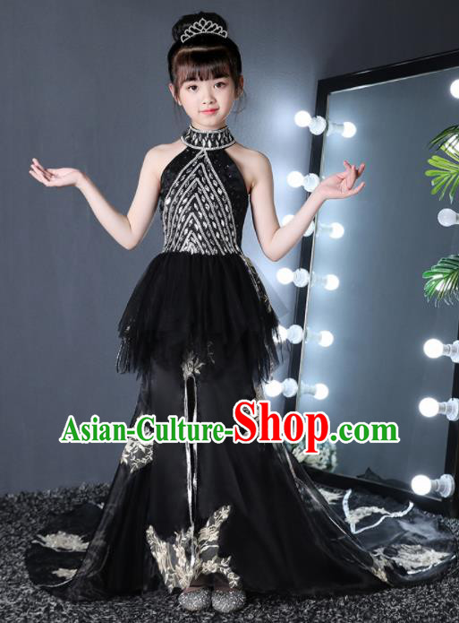 Top Grade Children Day Dance Performance Black Trailing Full Dress Kindergarten Girl Stage Show Costume for Kids