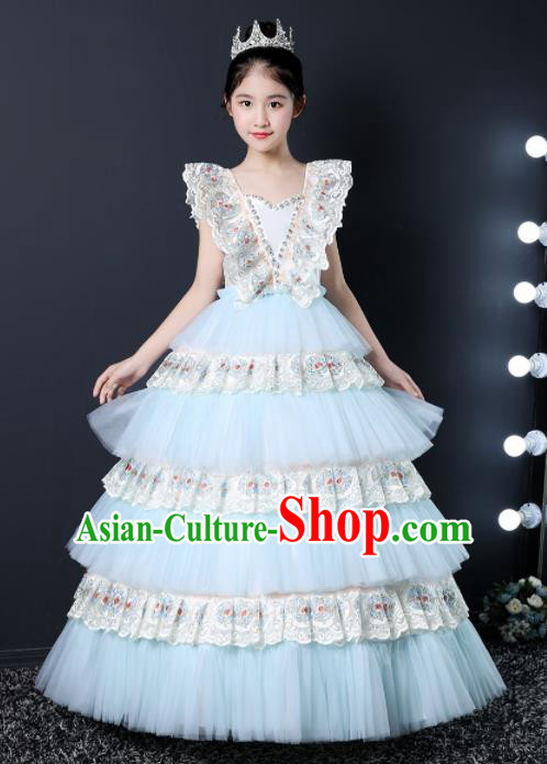 Top Grade Children Day Dance Performance Light Blue Veil Dress Kindergarten Girl Stage Show Costume for Kids