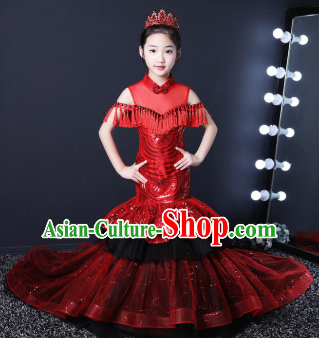 Top Grade Children Day Dance Performance Red Veil Trailing Dress Kindergarten Girl Stage Show Costume for Kids