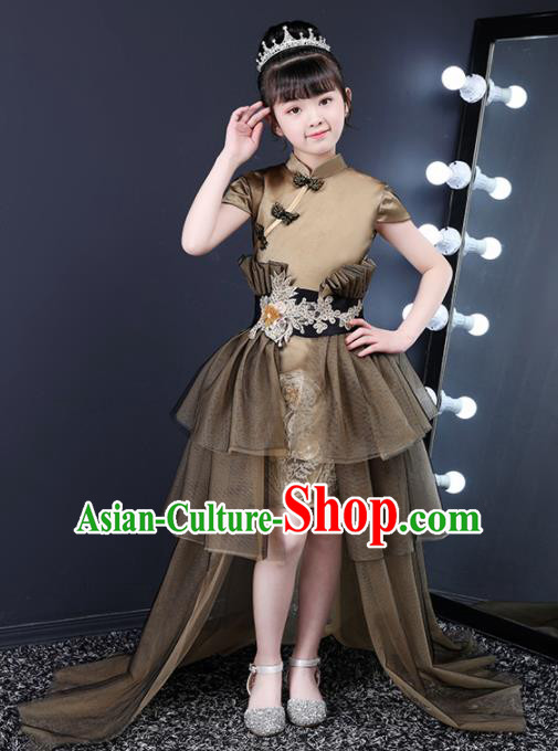 Top Grade Children Day Dance Performance Light Tan Trailing Dress Kindergarten Girl Stage Show Costume for Kids