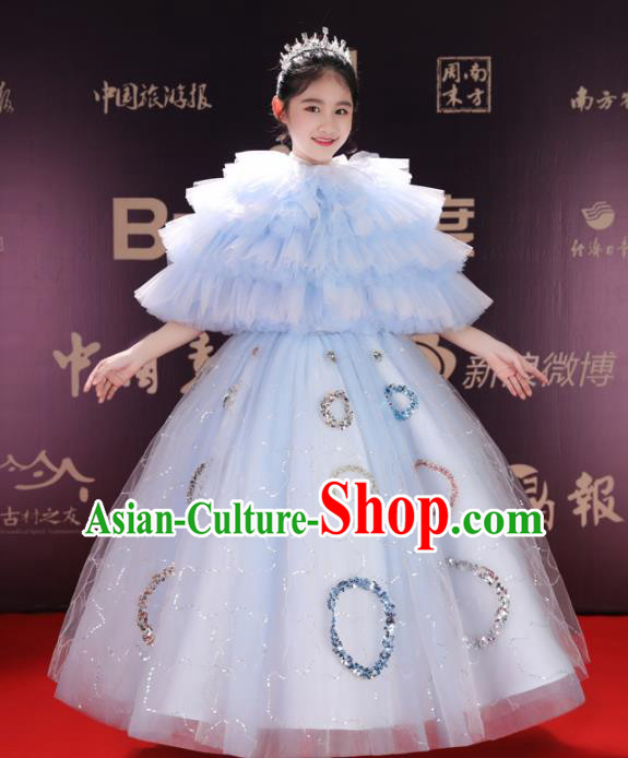 Top Grade Children Day Dance Performance Light Blue Full Dress Kindergarten Girl Stage Show Costume for Kids