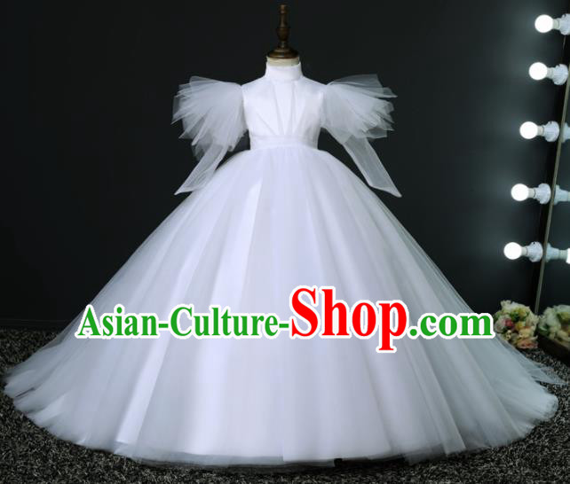 Top Grade Children Day Dance Performance White Veil Trailing Wedding Dress Kindergarten Girl Stage Show Costume for Kids