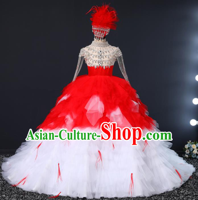 Top Grade Children Day Dance Performance Red Veil Trailing Dress Kindergarten Girl Stage Show Costume for Kids