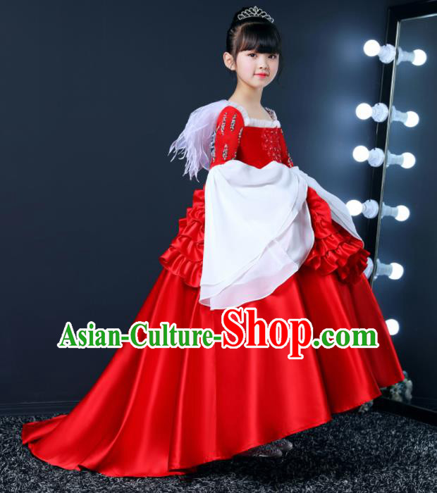 Top Grade Children Day Dance Performance Red Satin Dress Kindergarten Girl Stage Show Costume for Kids