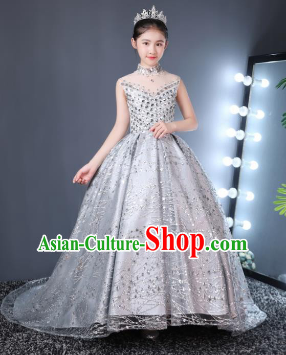 Top Grade Children Day Dance Performance Grey Dress Kindergarten Girl Stage Show Wedding Costume for Kids