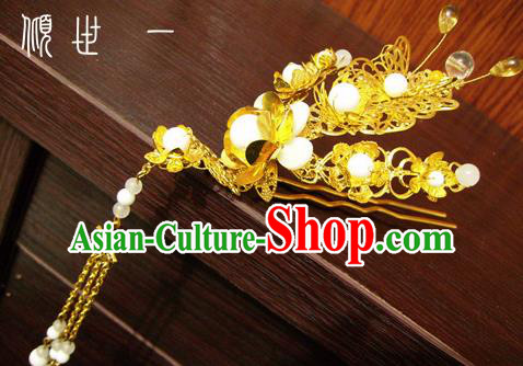 Chinese Ancient Court Queen Tassel Golden Hairpins Traditional Classical Hanfu Hair Accessories for Women