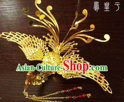 Chinese Ancient Court Queen Golden Phoenix Hairpins Traditional Classical Wedding Hanfu Hair Accessories for Women