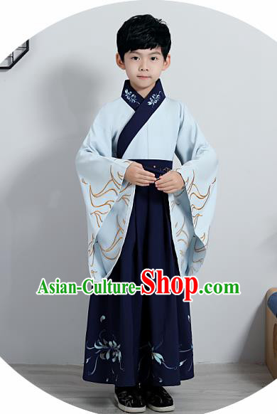 Chinese Traditional Han Dynasty Boys Embroidered Navy Hanfu Clothing Ancient Scholar Costume for Kids