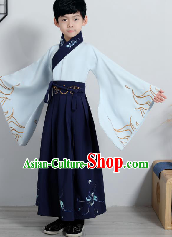Chinese Traditional Han Dynasty Boys Embroidered Navy Hanfu Clothing Ancient Scholar Costume for Kids