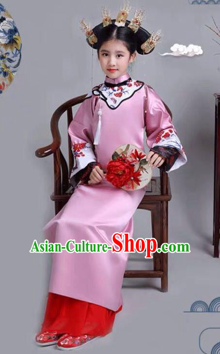 Chinese Traditional Qing Dynasty Girls Rosy Qipao Dress Ancient Manchu Princess Costume for Kids