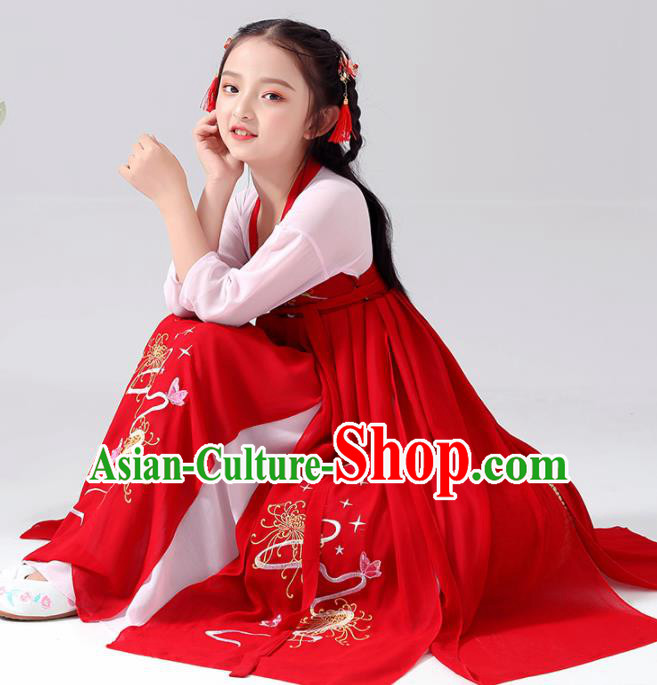 Chinese Traditional Tang Dynasty Girls Red Hanfu Dress Ancient Princess Costume for Kids