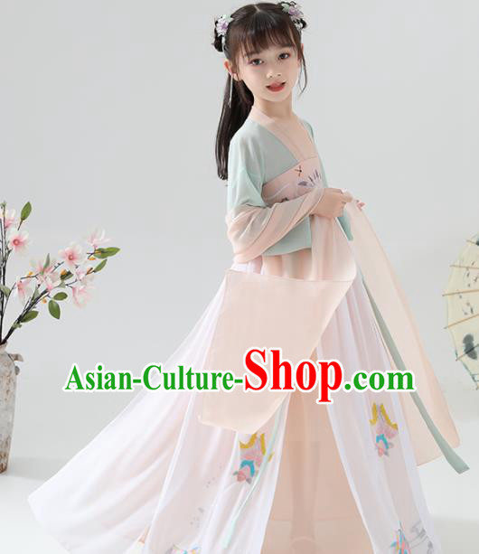 Chinese Traditional Tang Dynasty Girls Champagne Hanfu Dress Ancient Princess Costume for Kids