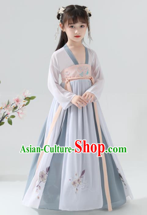 Chinese Traditional Tang Dynasty Girls Blue Grey Hanfu Dress Ancient Princess Costume for Kids