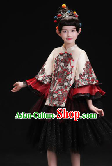 Chinese New Year Dance Performance Black Veil Full Dress Kindergarten Girls Stage Show Costume for Kids