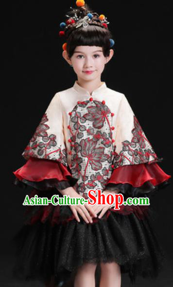 Chinese New Year Dance Performance Black Veil Full Dress Kindergarten Girls Stage Show Costume for Kids