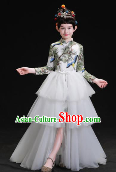 Chinese New Year Dance Performance White Veil Trailing Full Dress Kindergarten Girls Stage Show Costume for Kids