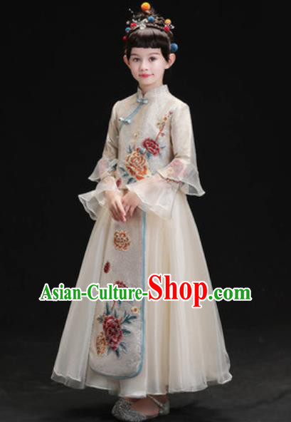 Chinese New Year Performance Embroidered Grey Full Dress Kindergarten Girls Dance Stage Show Costume for Kids