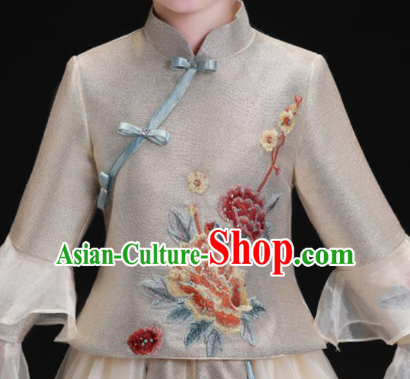 Chinese New Year Performance Embroidered Grey Full Dress Kindergarten Girls Dance Stage Show Costume for Kids
