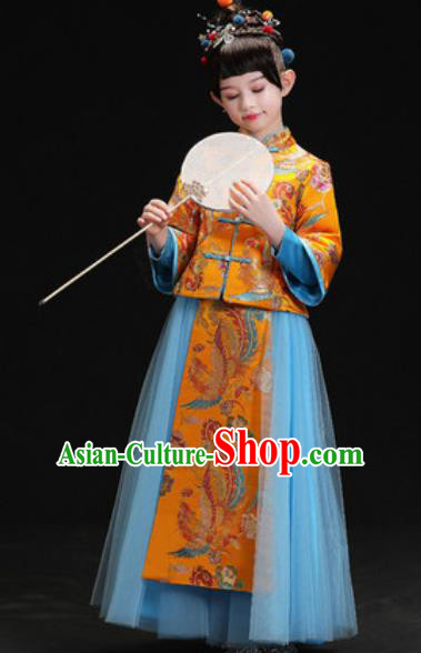 Chinese New Year Performance Embroidered Golden Full Dress Kindergarten Girls Dance Stage Show Costume for Kids