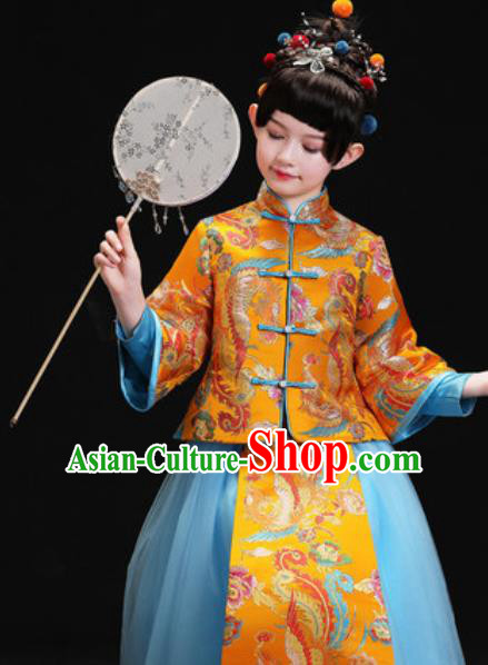 Chinese New Year Performance Embroidered Golden Full Dress Kindergarten Girls Dance Stage Show Costume for Kids