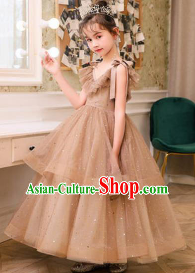 Top Grade Christmas Day Dance Performance Brown Veil Bubble Full Dress Kindergarten Girl Stage Show Costume for Kids