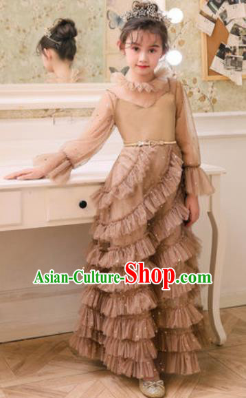 Top Grade Christmas Day Dance Performance Brown Veil Full Dress Kindergarten Girl Stage Show Costume for Kids