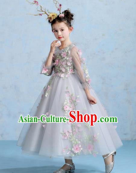 Top Grade Christmas Day Dance Performance Grey Veil Bubble Full Dress Kindergarten Girl Stage Show Costume for Kids