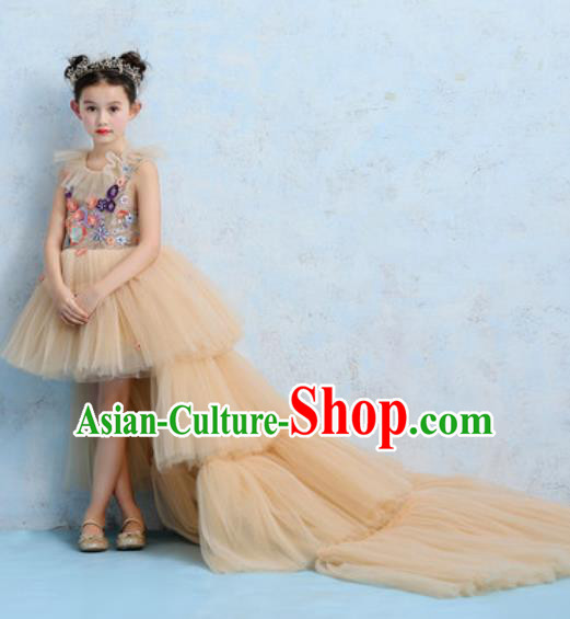 Top Grade Christmas Day Dance Performance Beige Veil Trailing Full Dress Kindergarten Girl Stage Show Costume for Kids