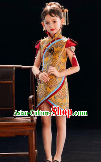 Chinese New Year Performance Yellow Qipao Dress National Kindergarten Girls Dance Stage Show Costume for Kids