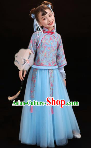 Chinese New Year Performance Blue Veil Qipao Dress National Kindergarten Girls Dance Stage Show Costume for Kids