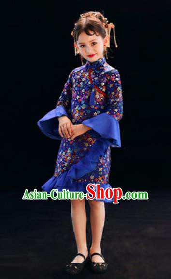 Chinese New Year Performance Royalblue Qipao Dress National Kindergarten Girls Dance Stage Show Costume for Kids