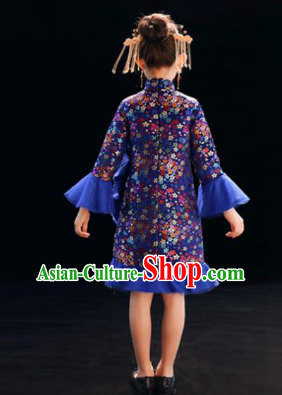 Chinese New Year Performance Royalblue Qipao Dress National Kindergarten Girls Dance Stage Show Costume for Kids