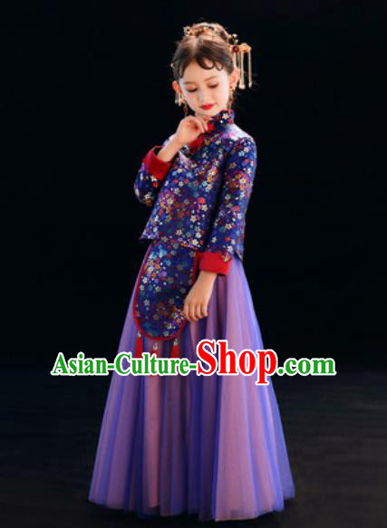 Chinese New Year Performance Purple Full Dress National Kindergarten Girls Dance Stage Show Costume for Kids