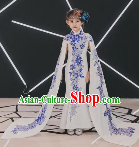 Chinese New Year Performance White Qipao Dress National Kindergarten Girls Dance Stage Show Costume for Kids