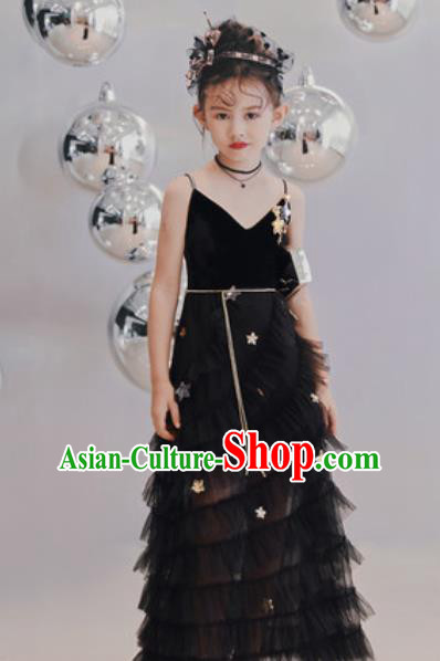 Top Grade Christmas Day Dance Performance Black Veil Full Dress Kindergarten Girl Stage Show Costume for Kids