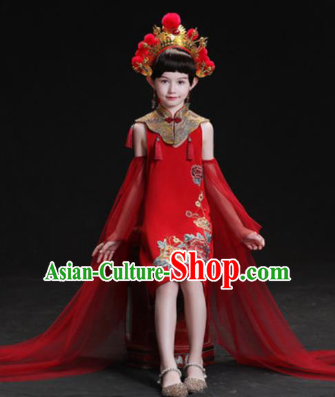 Chinese New Year Dance Performance Red Short Full Dress Kindergarten Girls Stage Show Costume for Kids