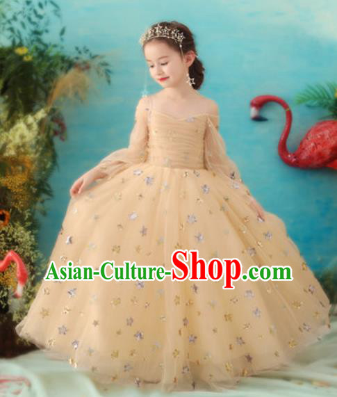 Top Grade Christmas Day Dance Performance Golden Veil Bubble Full Dress Kindergarten Girl Stage Show Costume for Kids