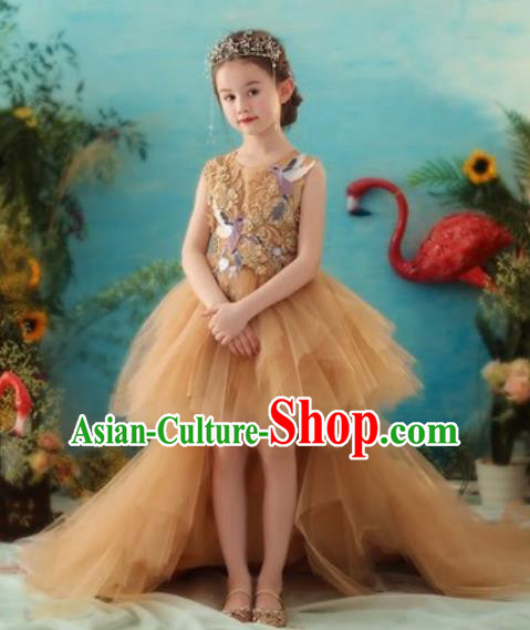 Top Grade Christmas Day Dance Performance Golden Trailing Full Dress Kindergarten Girl Stage Show Costume for Kids