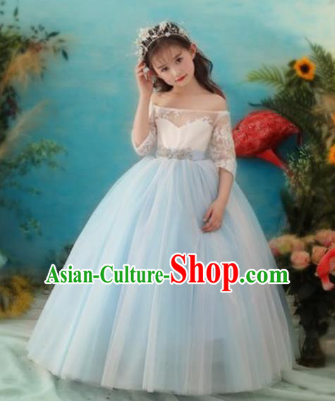 Top Grade Christmas Day Dance Performance Blue Veil Full Dress Kindergarten Girl Stage Show Costume for Kids