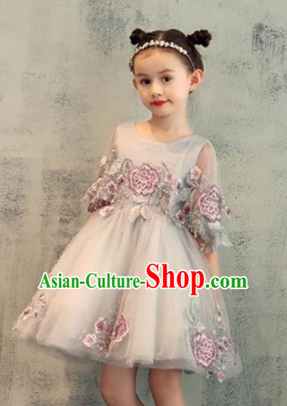 Top Grade Christmas Day Dance Performance Embroidered Grey Veil Full Dress Kindergarten Girl Stage Show Costume for Kids