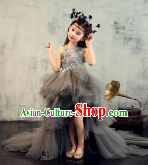 Top Grade Christmas Day Dance Performance Grey Veil Trailing Full Dress Kindergarten Girl Stage Show Costume for Kids