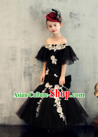 Top Grade Christmas Day Dance Performance Black Veil Fishtail Full Dress Kindergarten Girl Stage Show Costume for Kids