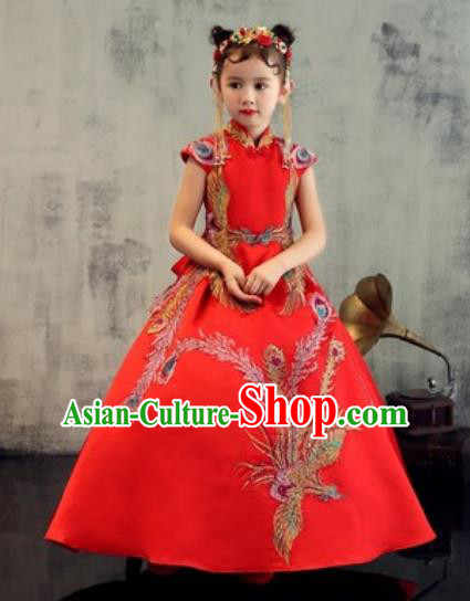 Chinese New Year Performance Embroidered Phoenix Red Dress National Kindergarten Girls Dance Stage Show Costume for Kids