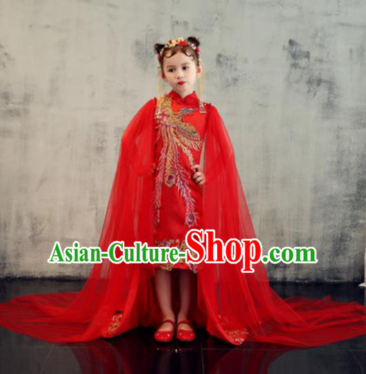 Chinese New Year Performance Embroidered Phoenix Red Qipao Dress National Kindergarten Girls Dance Stage Show Costume for Kids