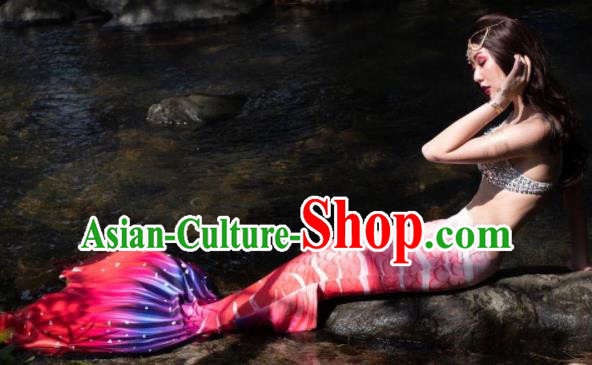 Halloween Cosplay Mermaid Light Red Fishtail Swimwear Dress Nylon Fish Tail Skirt Clothing for Women